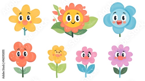 Cheerful Cartoon Flower Set with Smiling Floral Icons