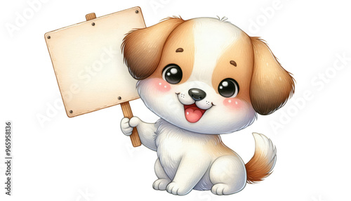 A cute cartoon puppy with a joyful expression, holding a blank sign. Perfect for conveying messages or announcements in a playful way. photo