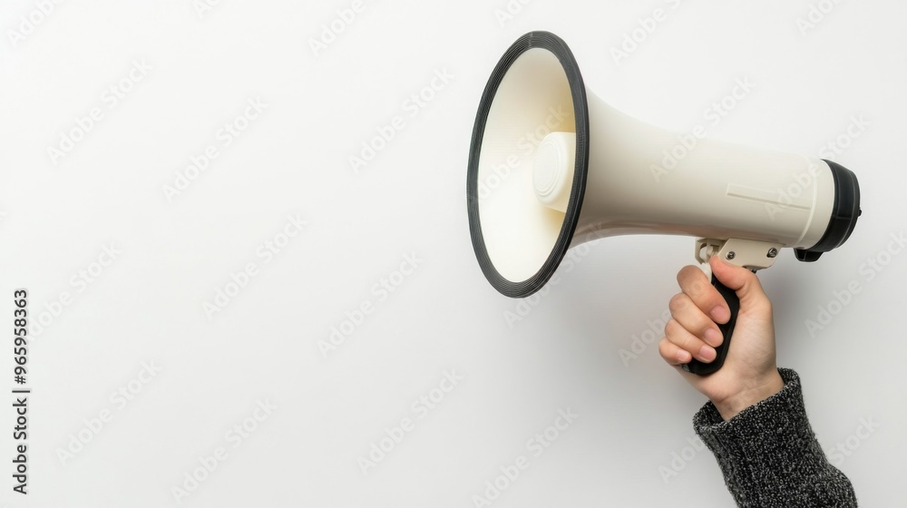 Female hand with megaphone on white background, with copy space Female hand with megaphone on white background, with copy space