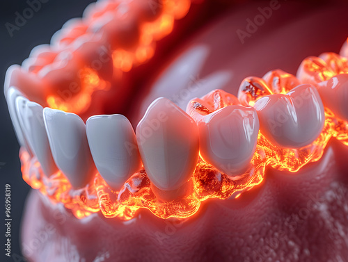 Close-up 3D rendering showing advanced gum inflammation and infection, depicting periodontal disease and dental health issues related to oral hygiene