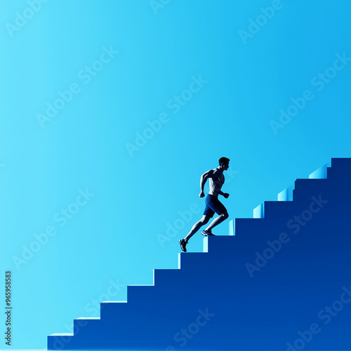 Dynamic silhouette of a runner ascending stairs against a bright blue background, symbolizing progress and determination.