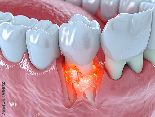 Detailed 3D rendering of an impacted wisdom tooth causing infection and inflammation, showcasing a common dental issue requiring surgery