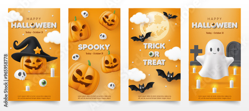 Set of 3d Happy Halloween invitation card template with pumpkin, moon, skull, cute ghost on orange background. Spooky party poster, online shop, sale promotion banner store, web and social media post