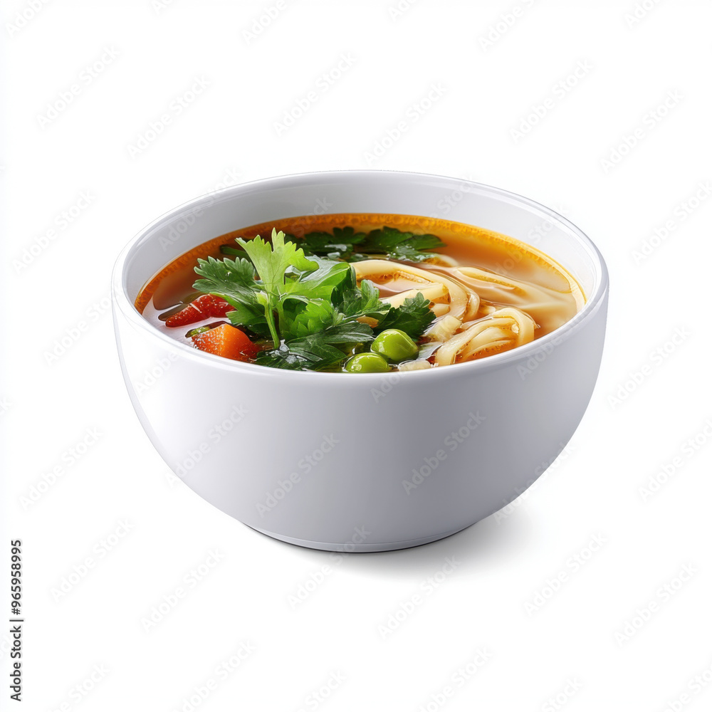 A white ceramic bowl filled with hot vegetable soup, garnished with fresh herbs, peas, and noodles, isolated on a white background. A white ceramic bowl filled with hot vegetable soup, garnished with fresh herbs, peas, and noodles, isolated on a white background.
