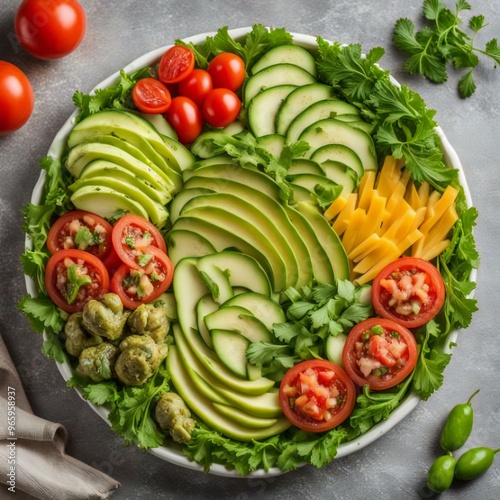 Healthy arugula salad with avocado, radish, bell pepper, tomato and Roquefort cheese,avocado salad vegan, avocado dish, fruit salad, guacamole, avocado