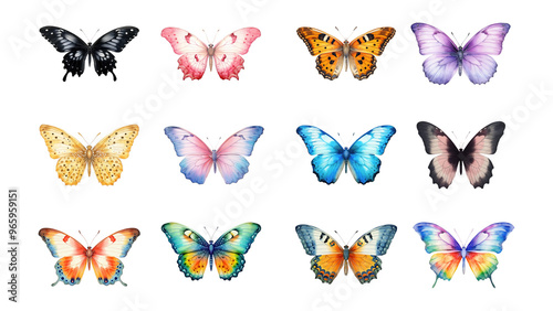 PNG watercolor butterfly element set, transparent background