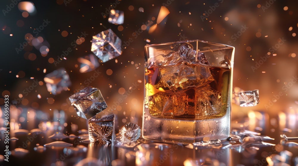Elegant glass of whiskey with ice cubes, surrounded by warm lighting and a atmospheric backdrop, perfect for beverage photography. Elegant glass of whiskey with ice cubes, surrounded by warm lighting and a atmospheric backdrop, perfect for beverage photography.