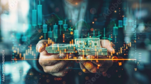 A close-up of hands holding cash with digital financial graphs and data overlay, representing investment and trading concepts. photo