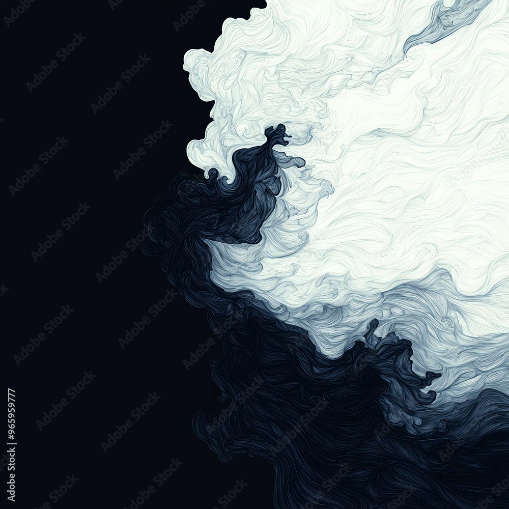 Fototapeta premium Abstract swirl of black and white ink creates a dynamic, flowing composition against a dark background.