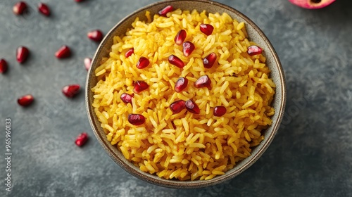 A top-down view of a bowl of rice seasoned with saffron and cumin, with scattered pomegranate seeds adding a pop of color