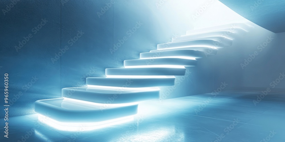 Illuminated White Staircase in a Modern, Blue-Toned Interior Illuminated White Staircase in a Modern, Blue-Toned Interior