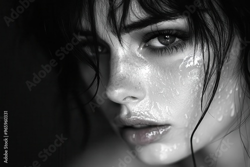 emotional portrait of a woman with tearstreaked face looking down soft melancholic lighting emphasizes vulnerability and raw emotion