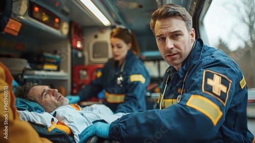 Close-up of EMS drivers preparing to transport a patient in their vehicle. The scene shows the medical workers quickly but carefully securing the patient on a stretcher, ready to provide life-saving