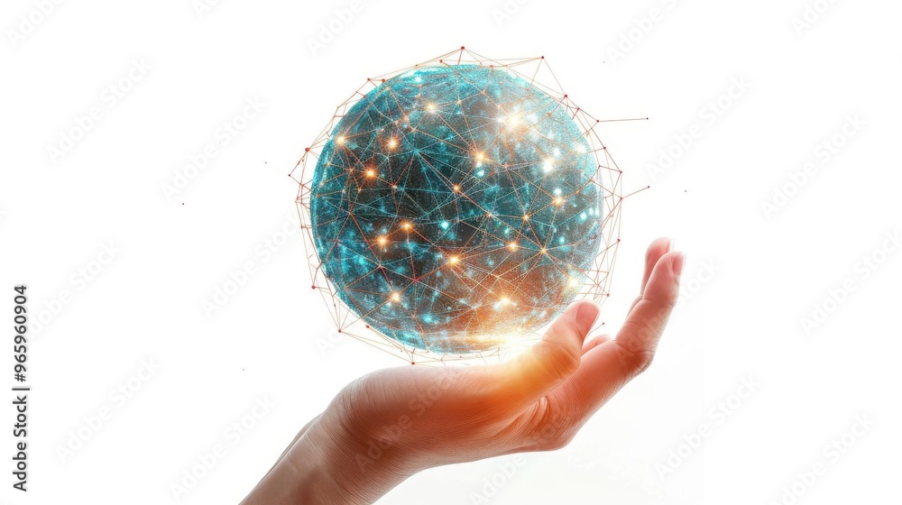 A hand holding a glowing, interconnected globe representing technology, innovation, and global communication.
