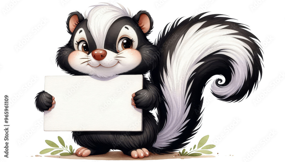 Fototapeta premium An adorable cartoon skunk with a playful expression holds a blank sign, surrounded by greenery, perfect for cheerful messages or announcements.