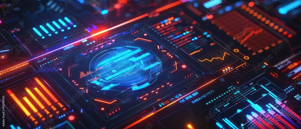 Obraz premium Futuristic technology background with vibrant neon lights, circuit patterns, and digital interface elements in a dark setting.