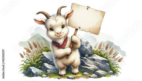 A cheerful cartoon goat stands proudly on a rocky mountainside, holding a blank sign. The goat's happy expression invites the viewer to add their own message or advertisement. The idyllic mountain set