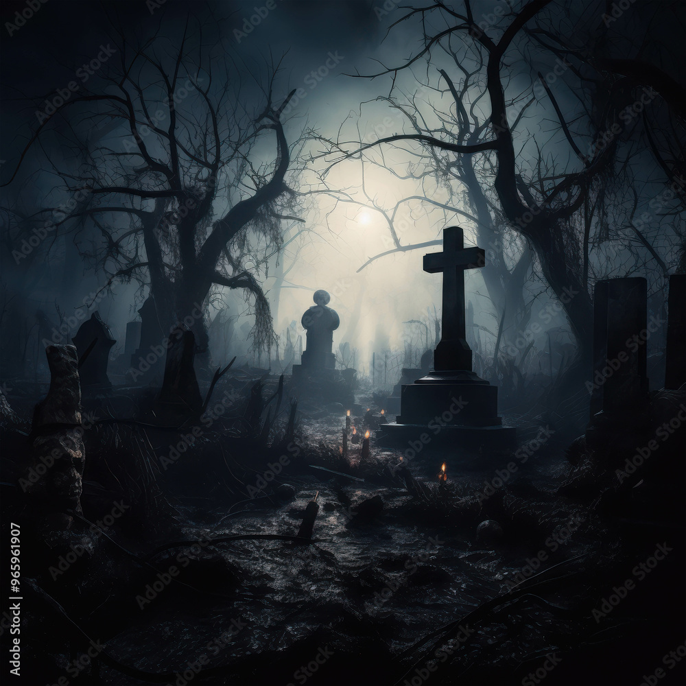 Eerie Graveyard Moonlight: A haunting scene of a graveyard bathed in ethereal moonlight, with gnarled trees casting long shadows and flickering candles illuminating the weathered tombstones. The atmos Eerie Graveyard Moonlight: A haunting scene of a graveyard bathed in ethereal moonlight, with gnarled trees casting long shadows and flickering candles illuminating the weathered tombstones. The atmos