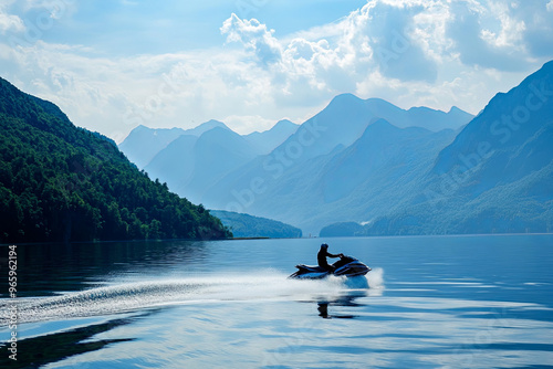 Jet ski racing across the surface of a lake