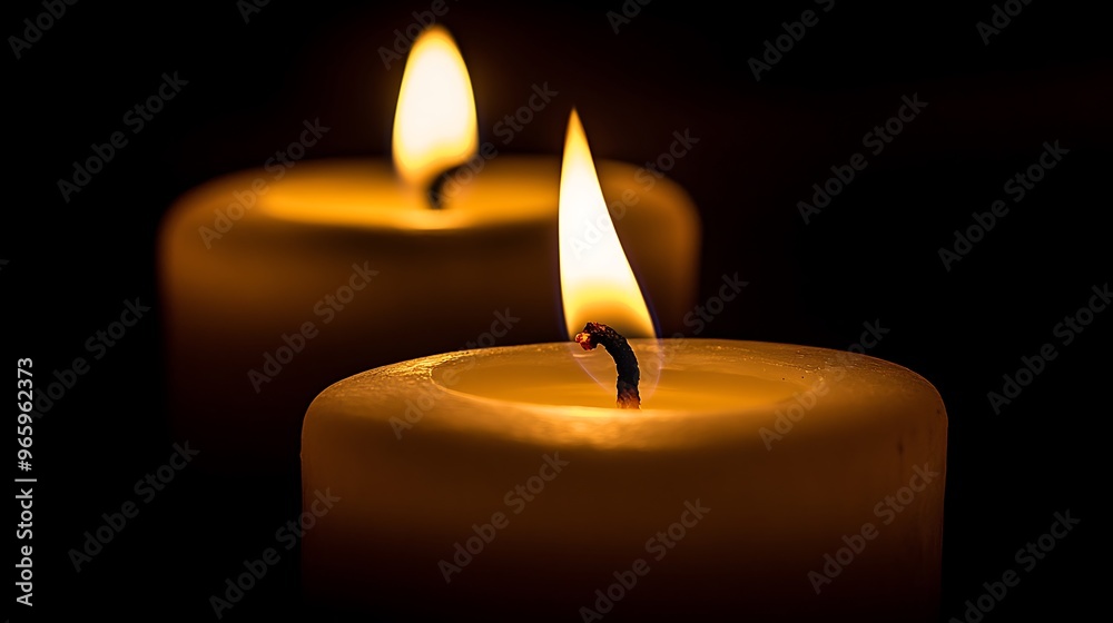 Two lit candles, one in focus, in a dark background, casting a warm glow. Two lit candles, one in focus, in a dark background, casting a warm glow.