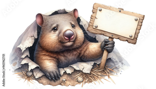 A friendly wombat peeks out from a hole in the ground, holding a blank wooden sign. The wombat is smiling, suggesting a welcoming or informative message. This image symbolizes cute, friendly, and info photo