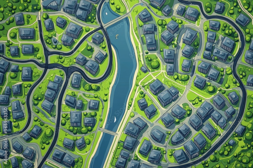 Obraz premium High resolution 2D cartoon style city map illustration featuring boundaries and editable paths showcasing main roads side roads and watercourses in a clear design
