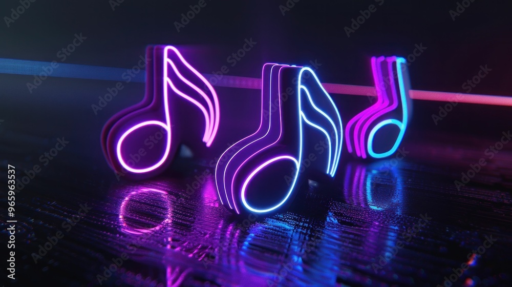 Neon music notes glowing in purple and blue hues against a dark reflective background Neon music notes glowing in purple and blue hues against a dark reflective background