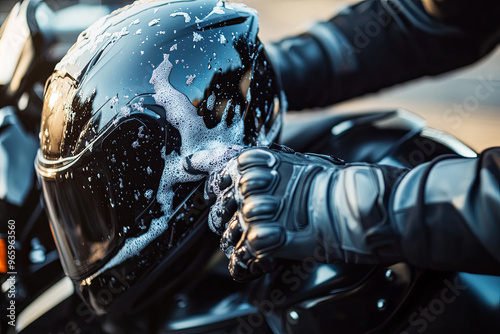 Motorcycle helmet being cleaned alongside the bike photo