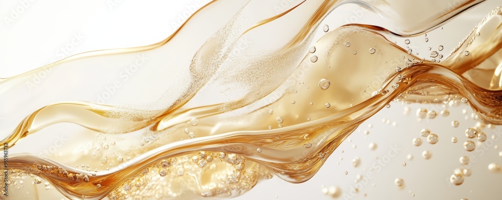 Golden liquid flowing and forming bubbles on light background