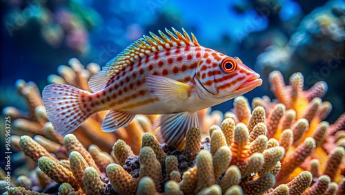 A hawkfish perched on a coral branch, observing its surroundings photo