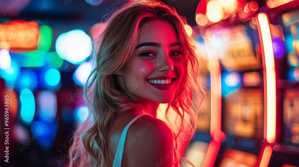 A young woman smiles brightly while standing in front of colorful slot machines. The vibrant neon lights create a lively atmosphere. This image captures joy and excitement in a casino setting. AI A young woman smiles brightly while standing in front of colorful slot machines. The vibrant neon lights create a lively atmosphere. This image captures joy and excitement in a casino setting. AI