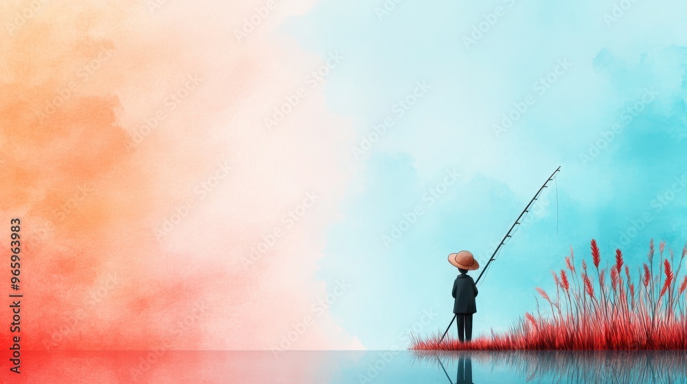 A serene landscape featuring a fisher silhouetted against a colorful sky and tranquil waters, capturing the essence of peaceful solitude. A serene landscape featuring a fisher silhouetted against a colorful sky and tranquil waters, capturing the essence of peaceful solitude.