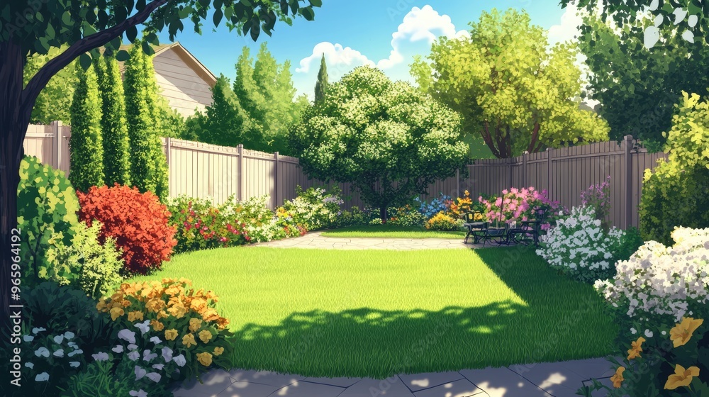 Fototapeta premium 2D cartoon illustration of a backyard garden featuring a fenced area with green grass trees flowers and bushes An outdoor patio designed for BBQ gatherings in a summer and spring setting