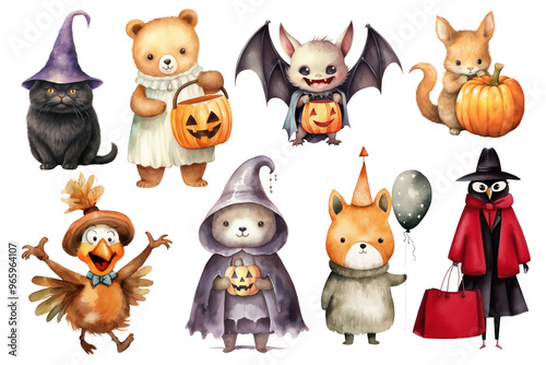 PNG halloween animal cartoon element set, transparent background