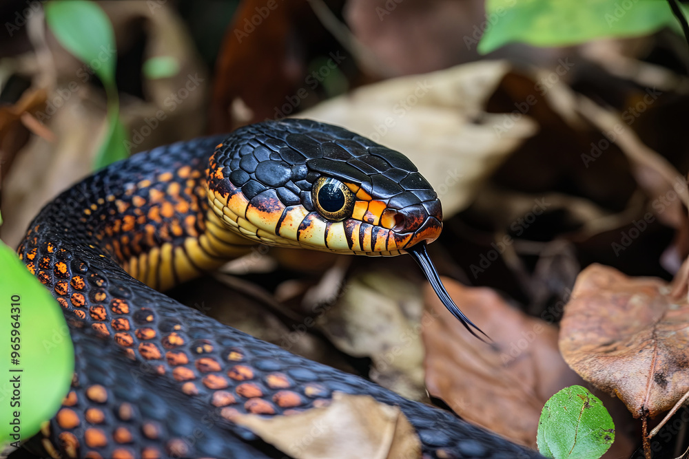 Venomous snake coiled and ready to strike in the underbrush Venomous snake coiled and ready to strike in the underbrush
