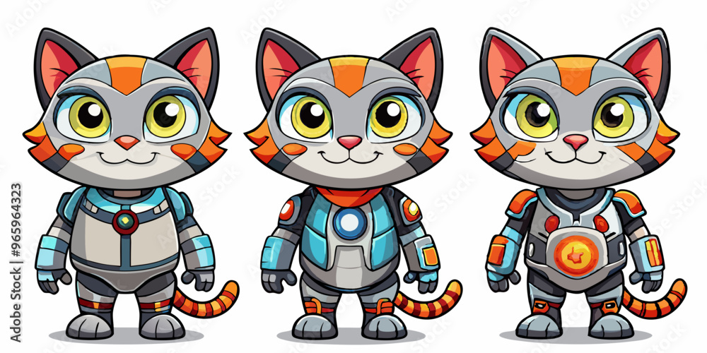 set of character cartoon cat cyborg, in different costumes from the future, white background
