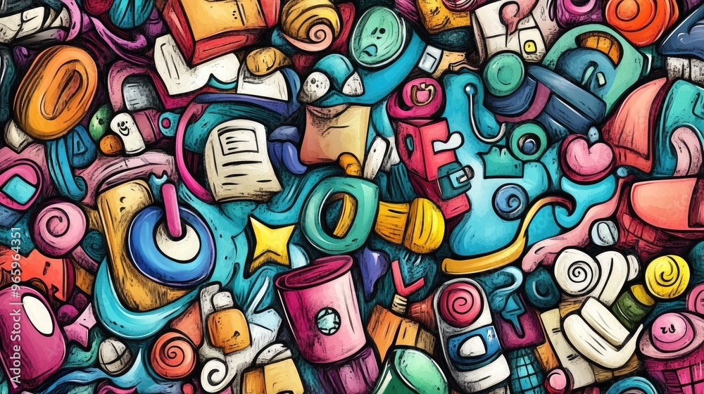 Cute hand drawn cartoon doodles featuring detailed line art and a variety of objects in the background Playful 2D cartoon artwork with a watercolor artistic theme