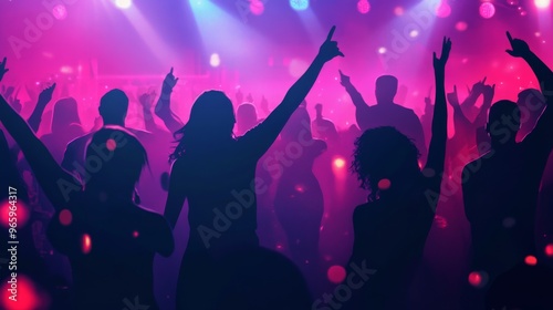 Happy people dance in nightclub DJ party concert and listen to electronic dancing music from DJ on the stage. Silhouette cheerfull