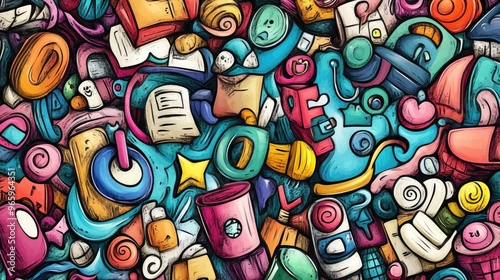 Wallpaper Mural Cute hand drawn cartoon doodles featuring detailed line art and a variety of objects in the background Playful 2D cartoon artwork with a watercolor artistic theme Torontodigital.ca