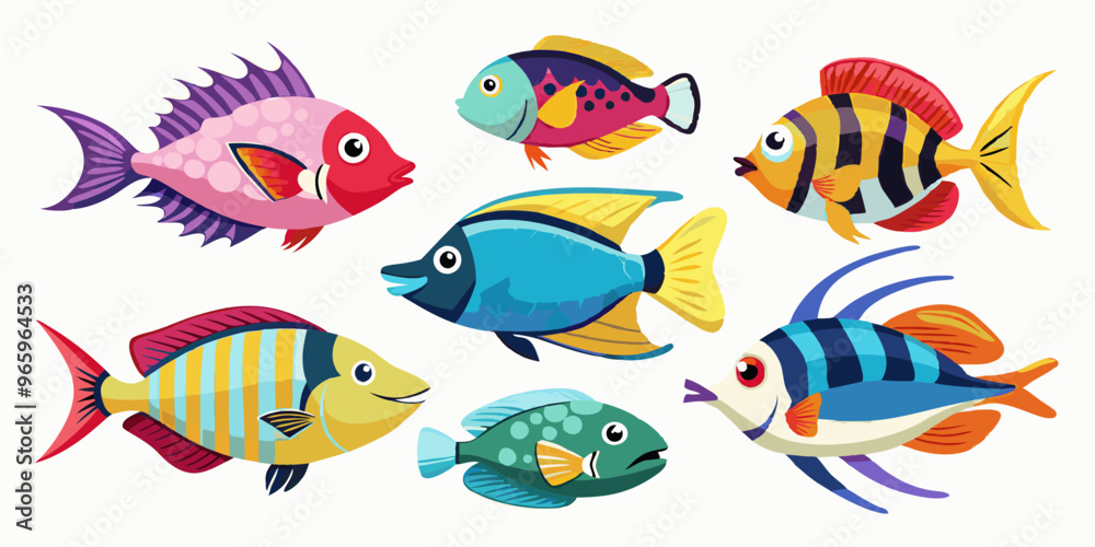 Fototapeta premium set of icons, exotic fish, done in animation style, white background