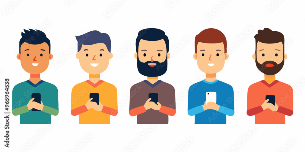 set of male characters, smartphone. Vector flat cartoon illustration,white background set of male characters, smartphone. Vector flat cartoon illustration,white background