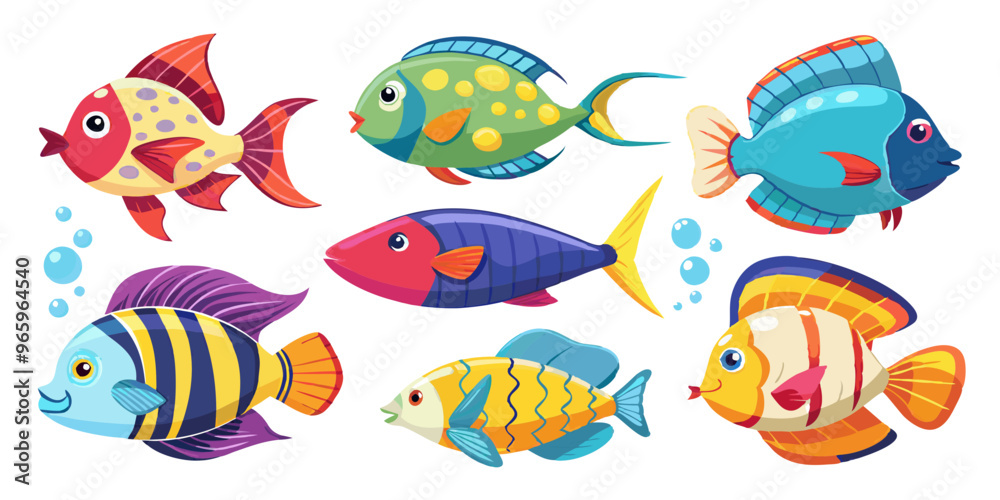 set of icons, exotic fish, made in animation style in a rich light style, white background set of icons, exotic fish, made in animation style in a rich light style, white background