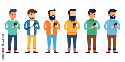 set of male characters with smartphone, full length, Vector flat cartoon illustration, white background