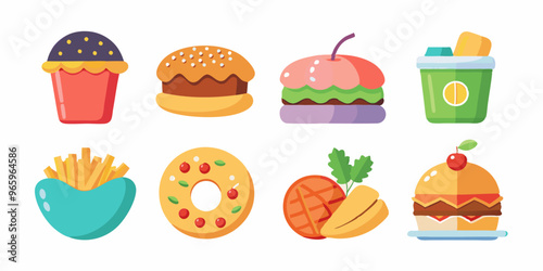 set of food icons, made in a simple color palette, white background