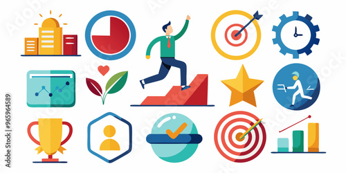 set of icons, movement to achieve a goal, in sports, in life in personal plans, white background