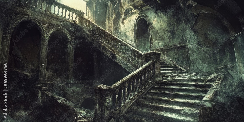 Obraz premium Decaying Stone Staircase Leading into a Dark and Eerie Interior of an Abandoned Mansion