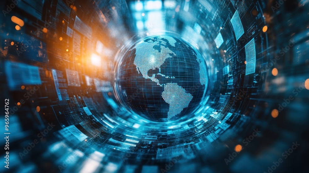 Fototapeta premium A mesmerizing digital globe encircled by vibrant data patterns, illustrating the beauty of our interconnected world and technology's influence.