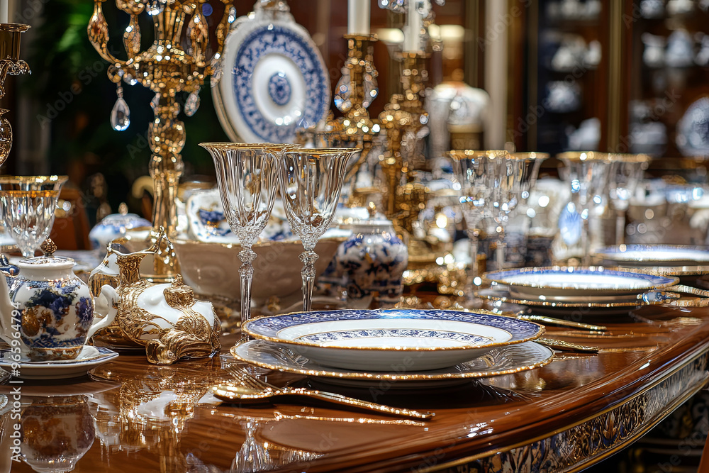 Luxury dining room set with crystal glassware and fine china
Luxury dining room set with crystal glassware and fine china