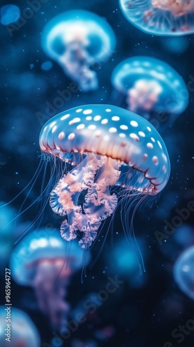 White spotted jellyfish swimming in deep blue water