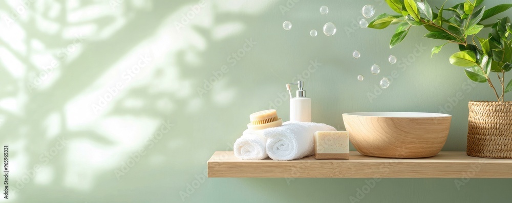 A serene bathroom setting featuring handcrafted soap and gently floating bubbles, designed with a minimalistic backdrop perfect for stylish and calming copy. A serene bathroom setting featuring handcrafted soap and gently floating bubbles, designed with a minimalistic backdrop perfect for stylish and calming copy.